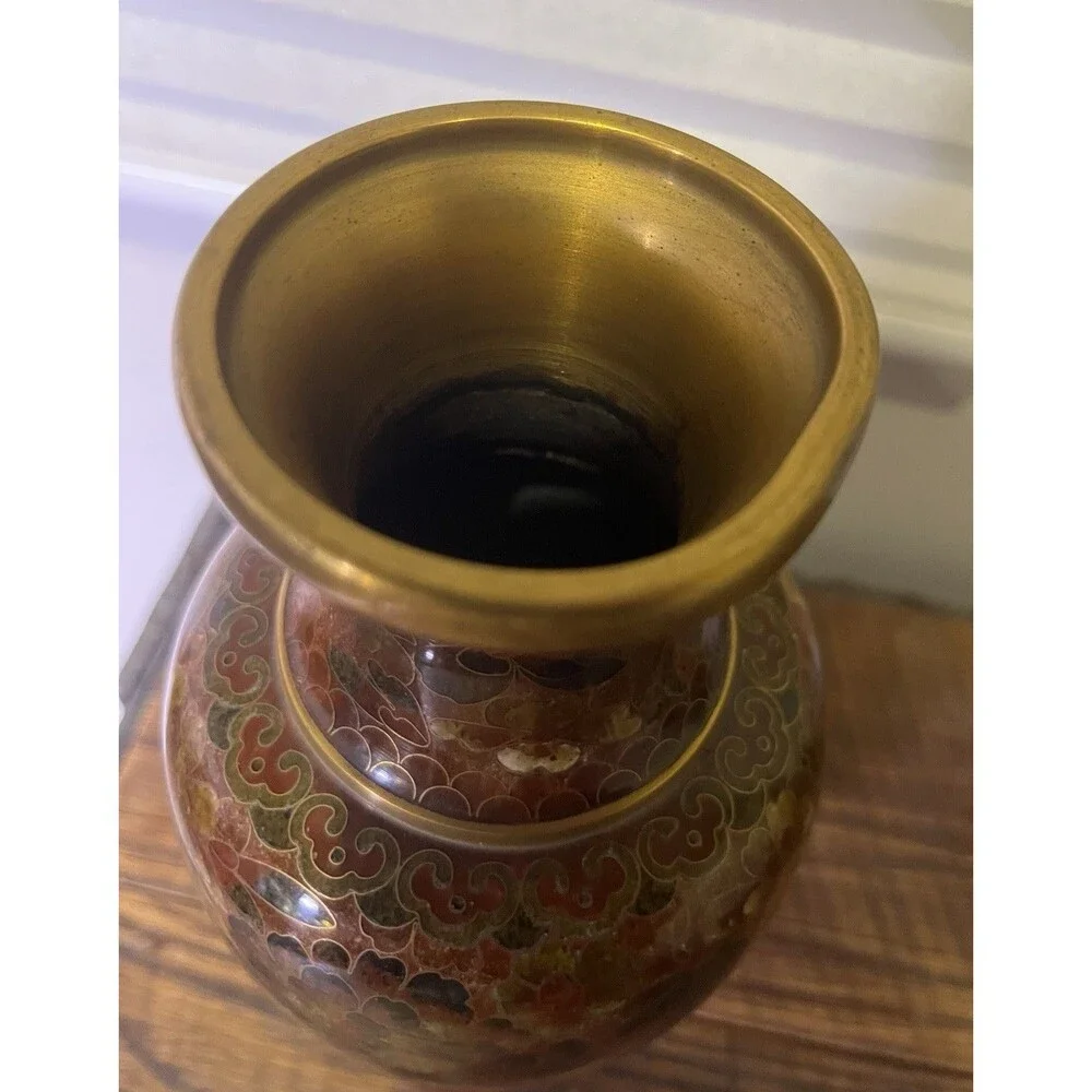 Vintage Chinese Cloissone Enamel And Brass Vase 8.5”